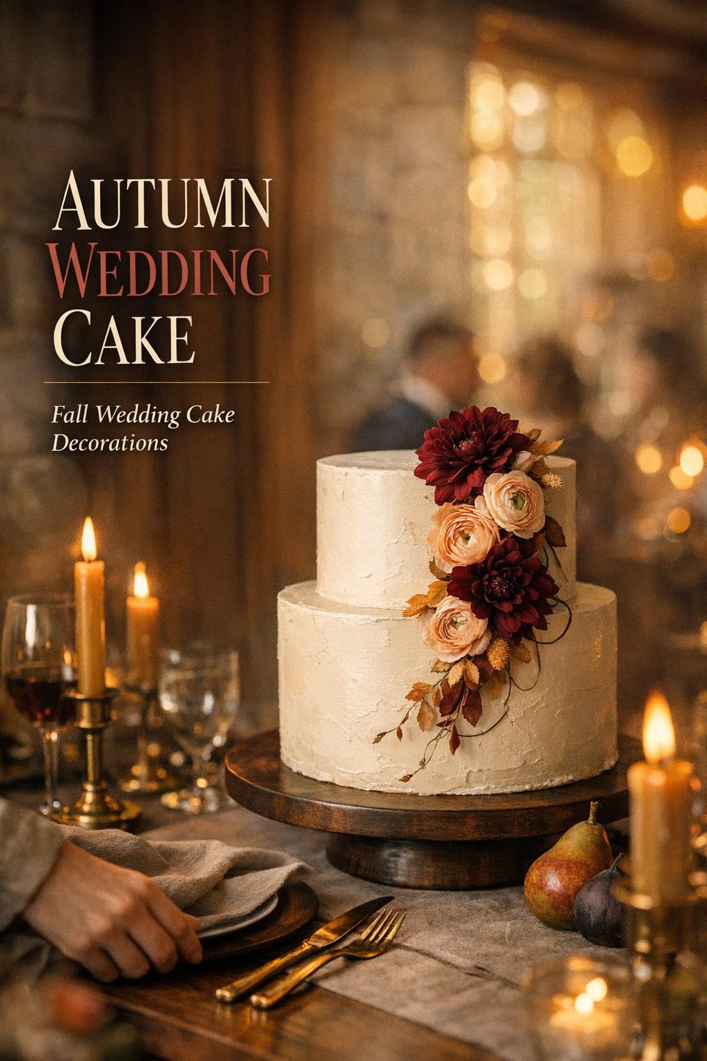 Autumn wedding cake with burgundy dahlias on a moody reception table in warm candlelight, elegant fall decor