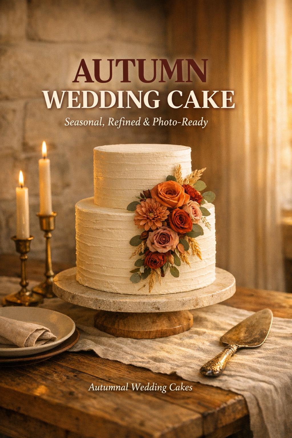 Autumn wedding cake on wood pedestal with muted florals, candlelight, and warm golden-hour venue corner styling