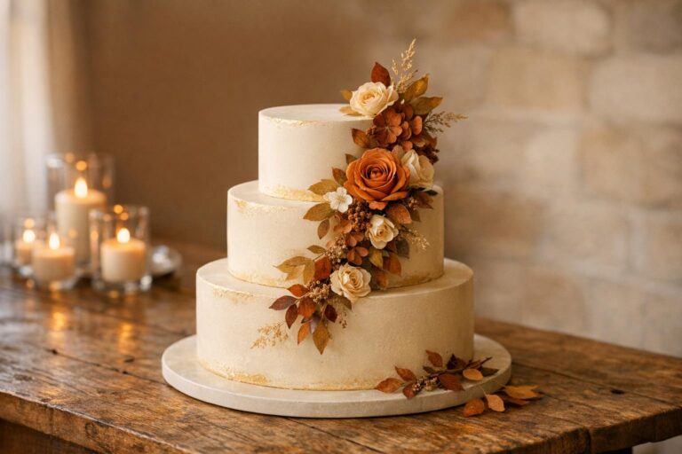 Elegant autumn wedding cake in warm fall light with textured buttercream and subtle seasonal florals on a rustic table