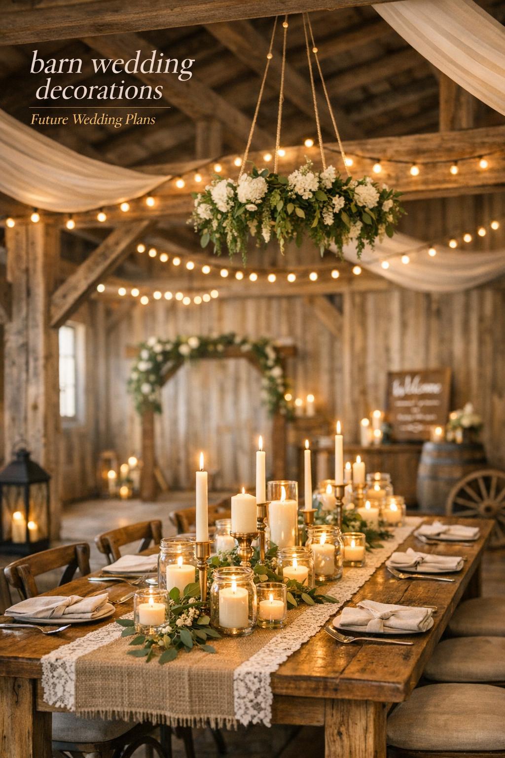 Barn wedding decorations in a rustic wood barn reception with farm table, candles, string lights, and floral chandelier
