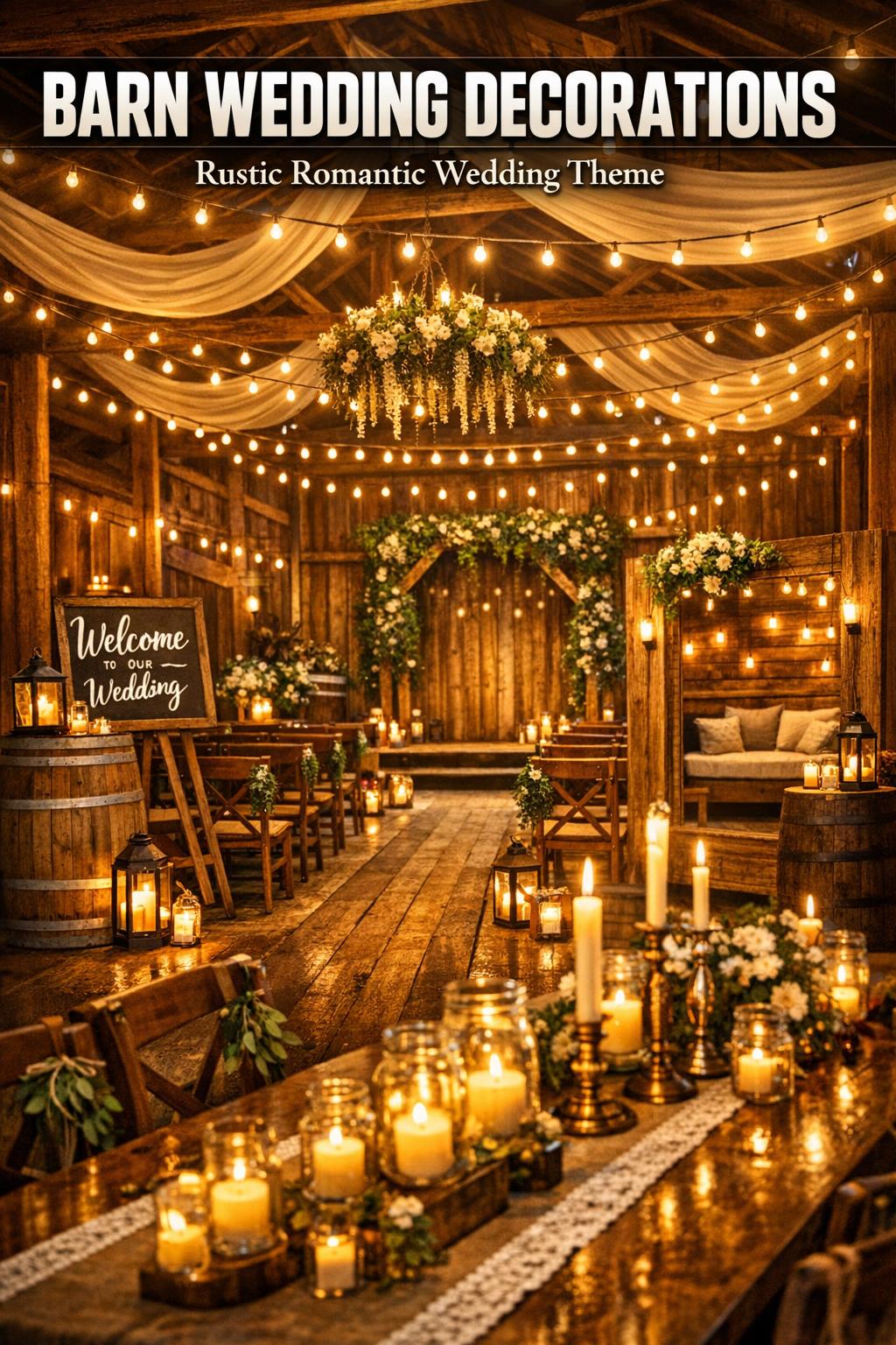 Barn wedding decorations with rustic wood tables, string lights, and floral centerpieces in a cozy barn reception