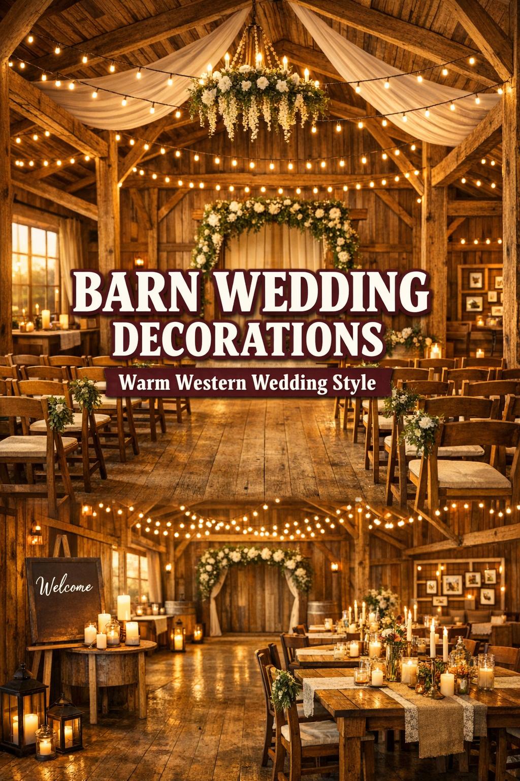 Barn wedding decorations in a rustic barn with warm string lights, wooden arch, greenery, and reception tables at golden hour