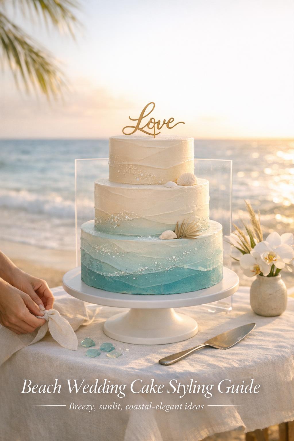 Beach Wedding Cake Styling Guide Beach wedding cake on a linen-draped table at golden-hour seaside reception with airy ocean bokeh and minimal coastal decor