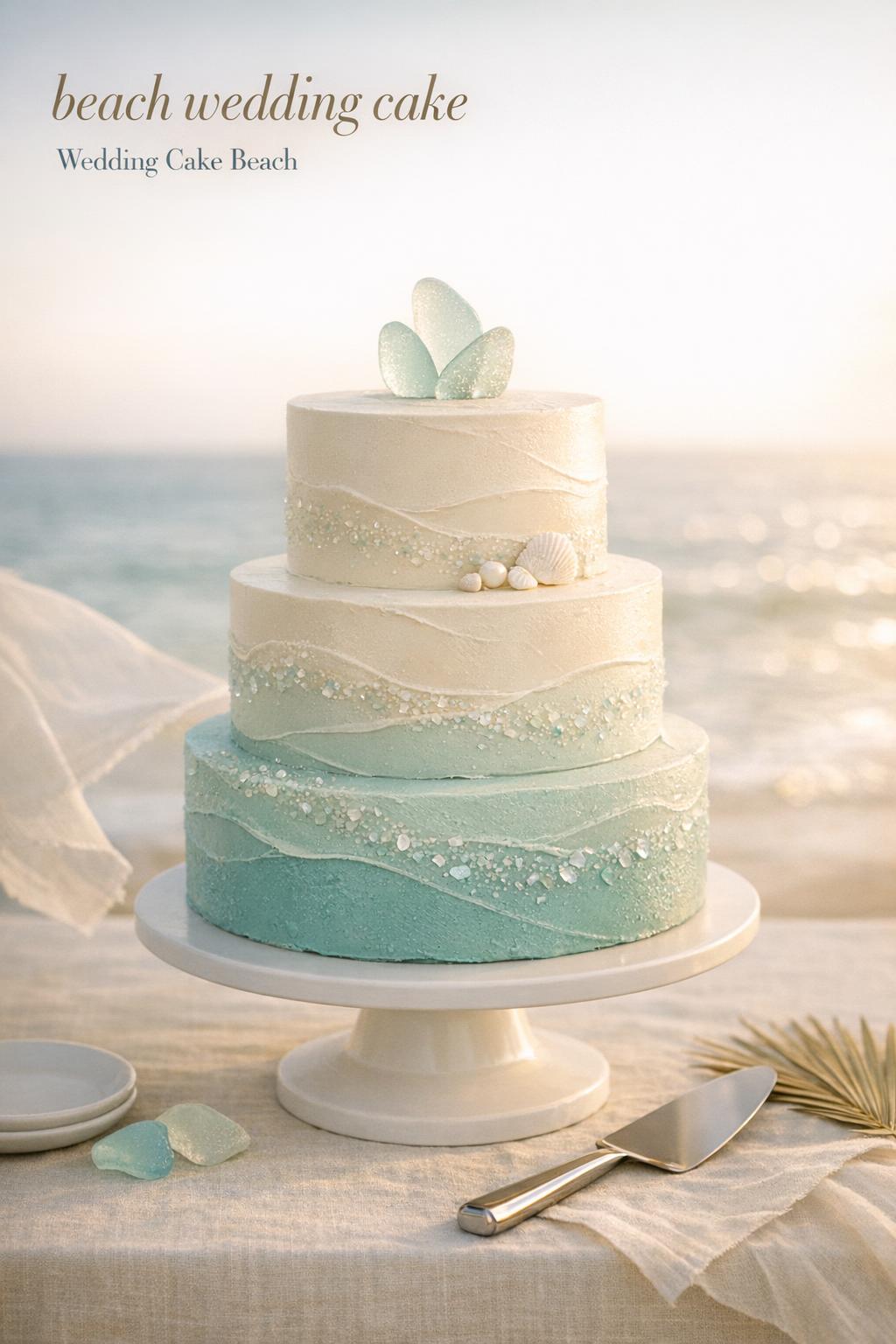 Beach Wedding Cake with Ocean Ombré Waves Beach wedding cake on a minimalist pedestal at golden hour by the ocean, with ombré waves and sea-glass sparkle.