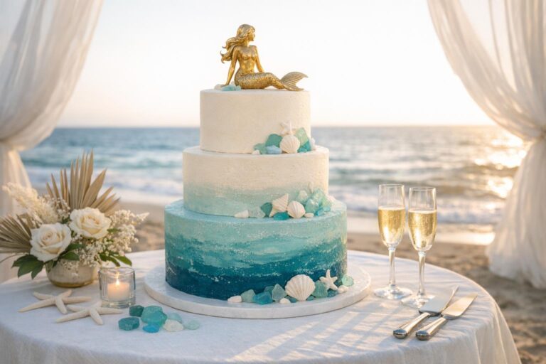 Beach wedding cake with ombré blue tiers and subtle seashell accents on a sunlit coastal reception table