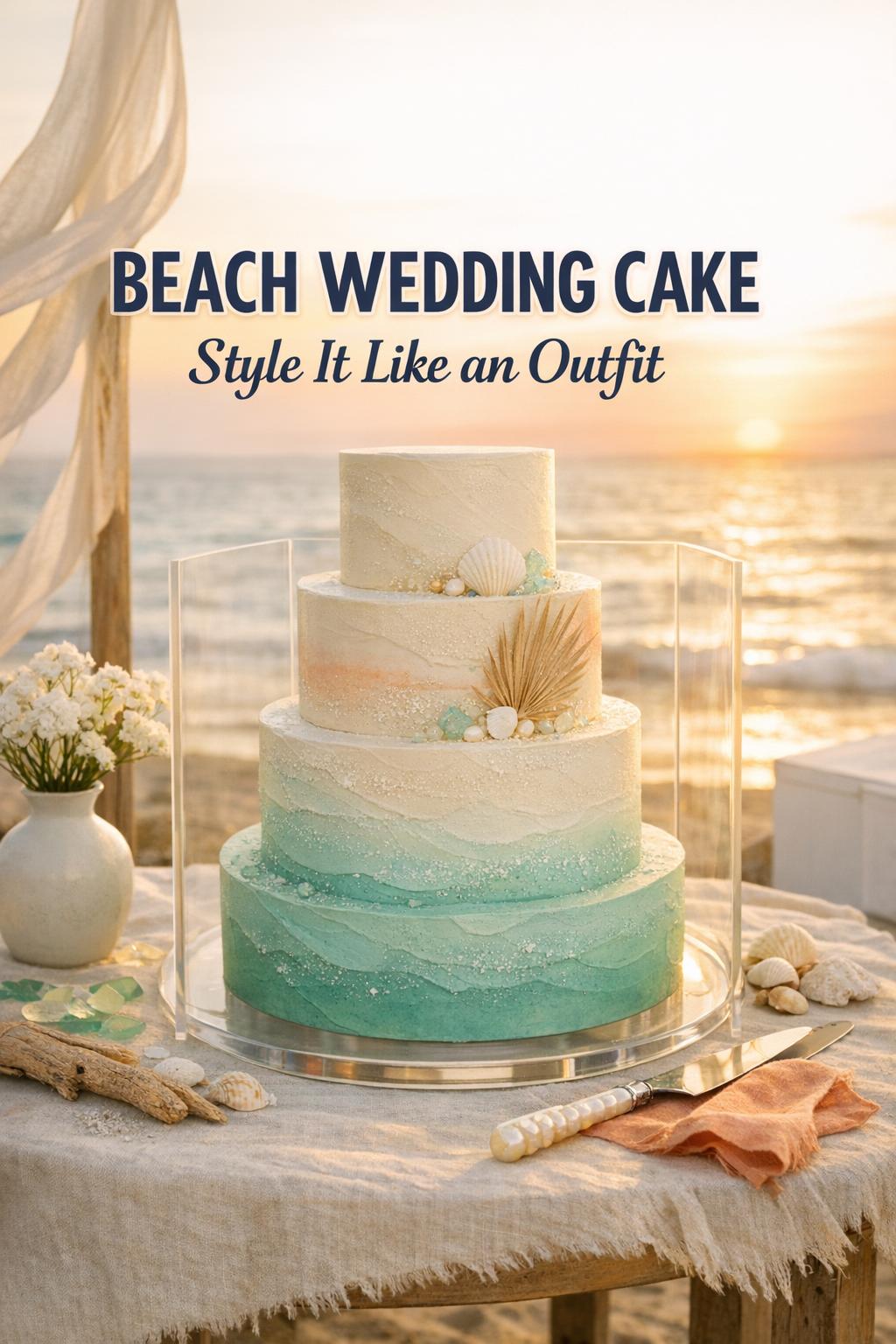Beach Wedding Cake Styling at Golden Hour Beach wedding cake with ombré ocean gradient styled on a coastal table at golden hour, ocean softly blurred behind