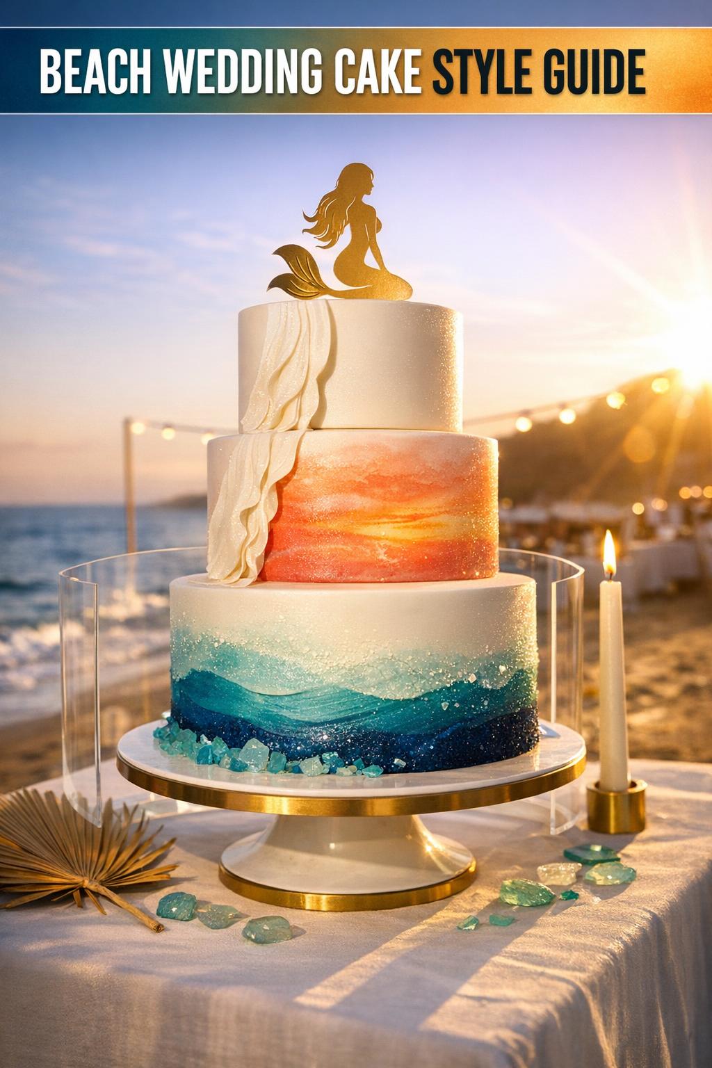 Beach Wedding Cake by the Ocean Beach wedding cake displayed on a seaside table with ocean backdrop