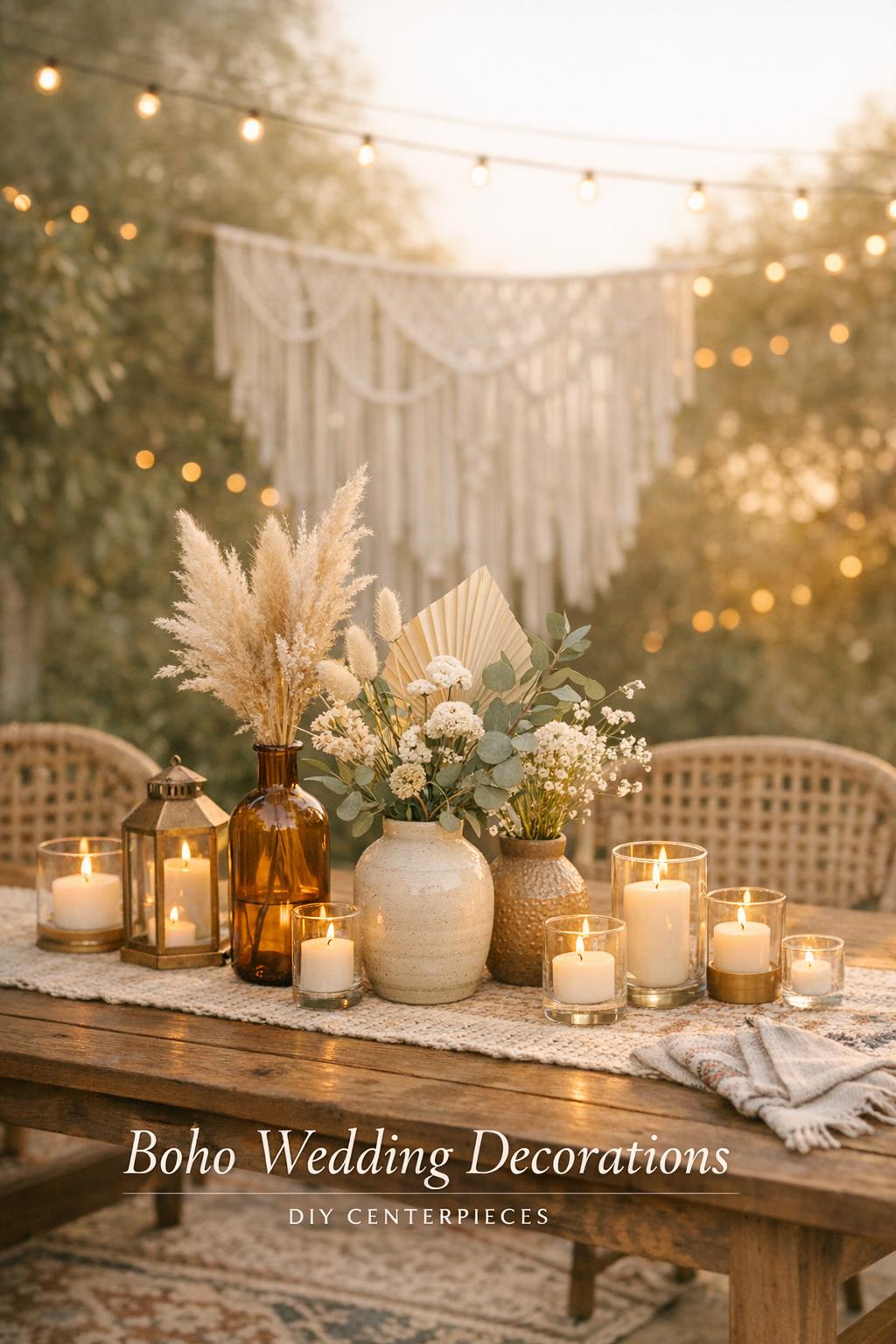 Boho wedding decorations on a rustic table with dried florals, candles, and warm string lights at golden hour
