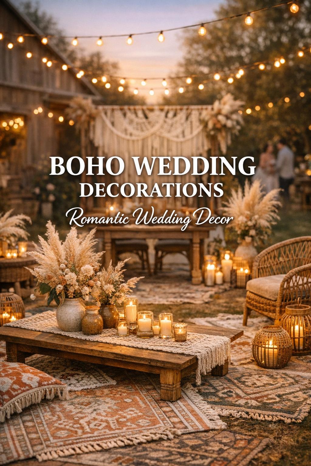 Boho wedding decorations in rustic garden barn setting with pampas grass, macramé backdrop, candles, and string lights at golden hour