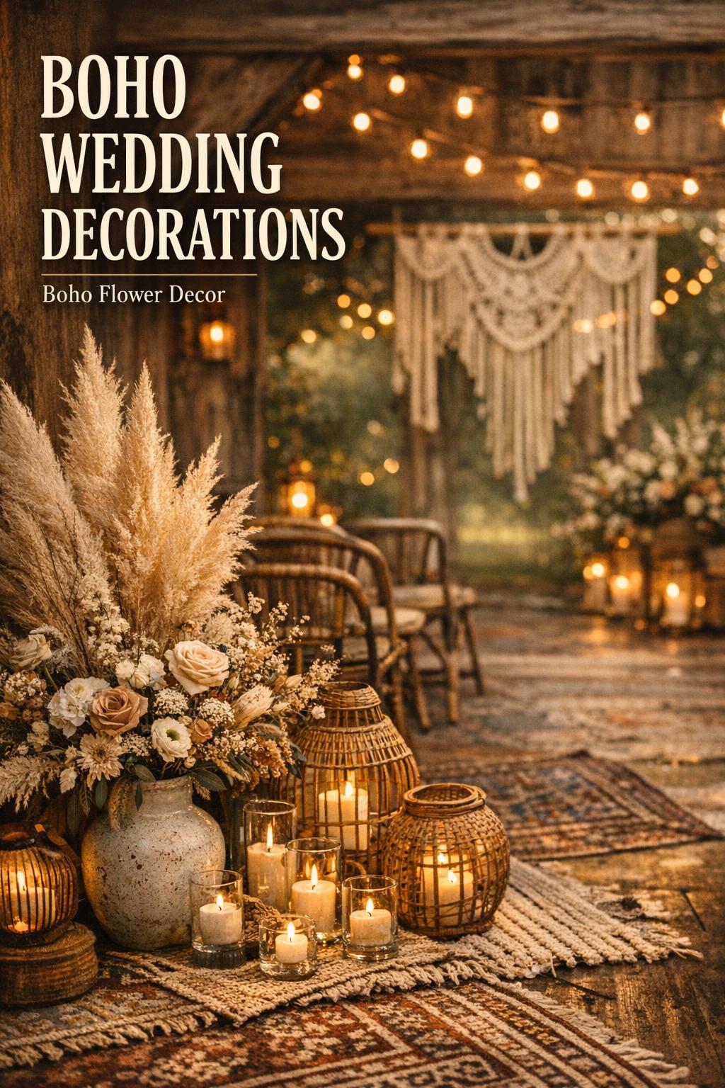 Boho wedding decorations with pampas grass, macramé backdrop, rattan lanterns, layered rugs, and warm string lights