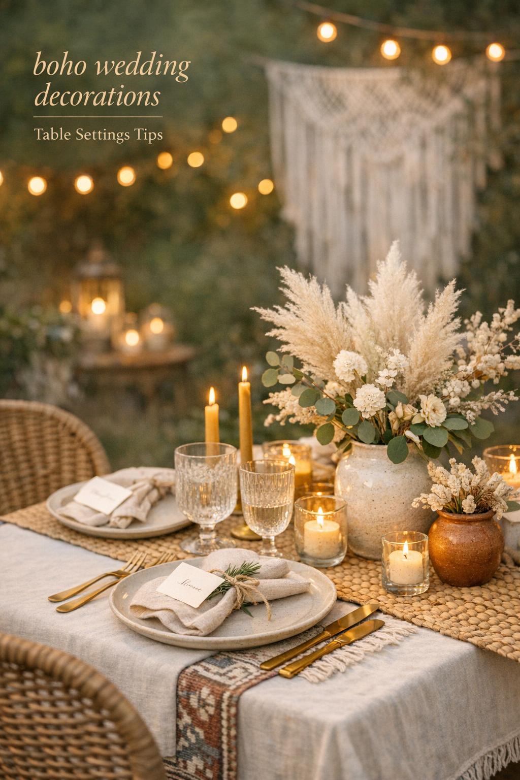 Boho wedding decorations table setting with linen, rattan runner, pampas, candles, and string lights in a garden