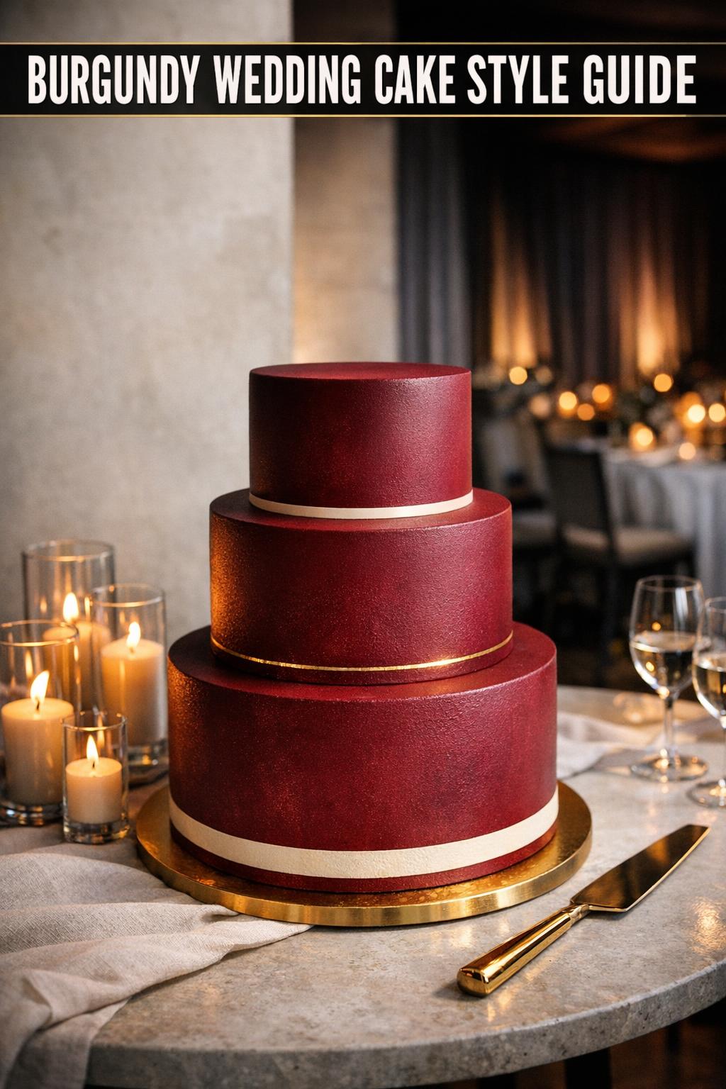 Elegant burgundy wedding cake with floral details on a decorated table at a romantic reception