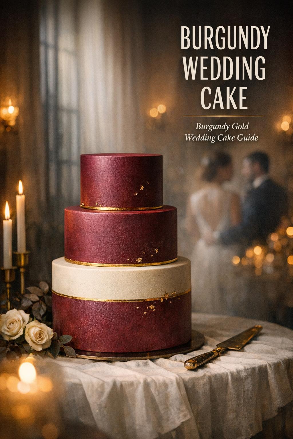 Burgundy wedding cake on a moody reception table with gold seam detail, candles, and soft ballroom bokeh with text overlay