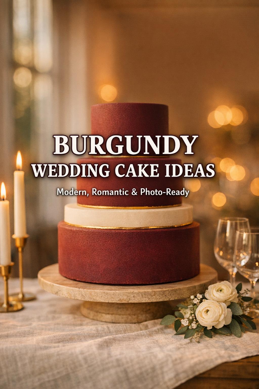 Burgundy wedding cake on a minimalist reception cake table with ivory accents, taper candles, and white florals in golden-hour light