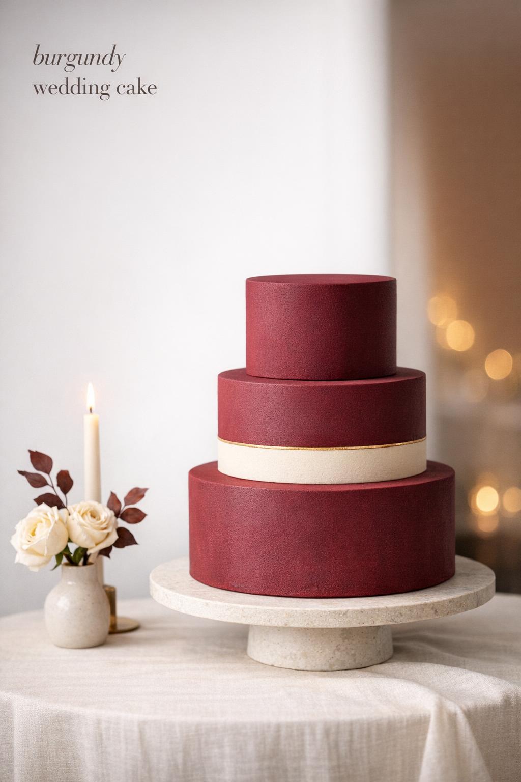 Burgundy wedding cake in a minimalist luxury reception vignette with ivory linen, candlelight, and sparse florals
