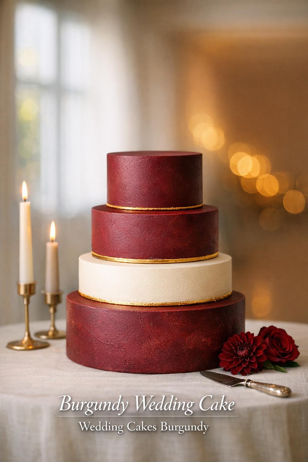 Burgundy wedding cake on an elegant reception cake table with ivory accents, candlelight, and bright window bokeh.