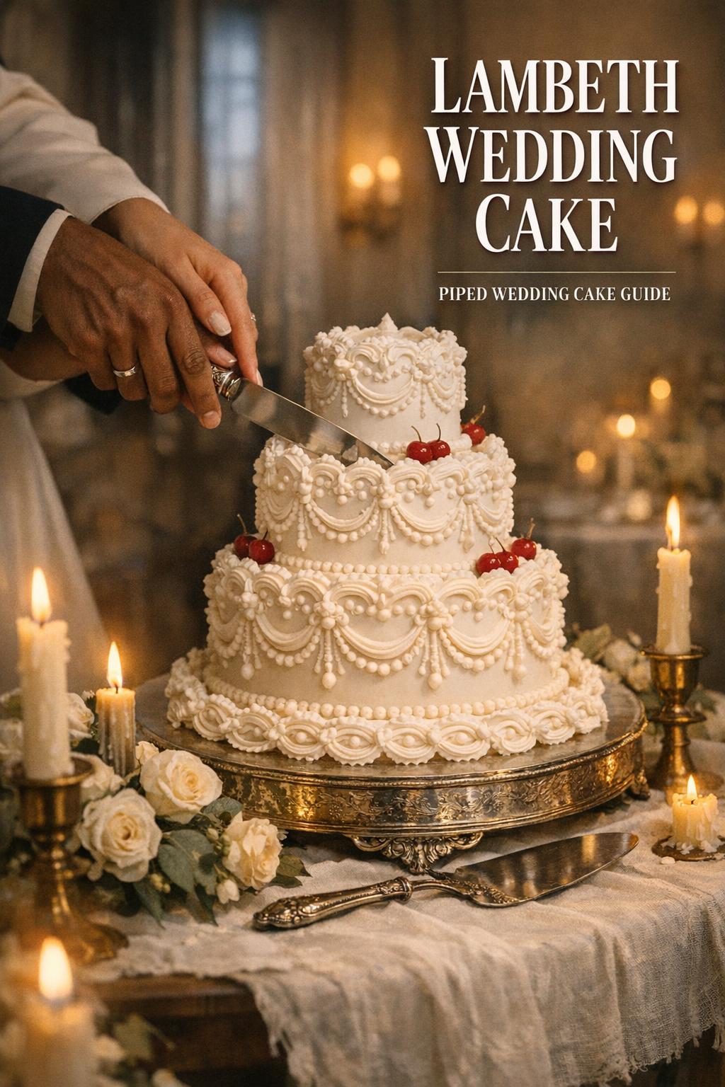 Candlelit cake-cutting scene with ornate white-on-white lambeth wedding cake on a vintage table in a historic ballroom