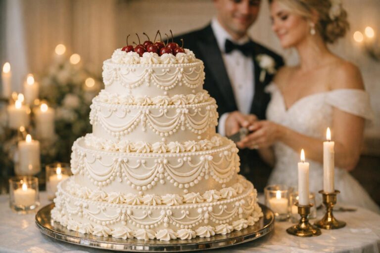 Candlelit lambeth wedding cake with ornate white buttercream piping and cherries on a tiered reception table