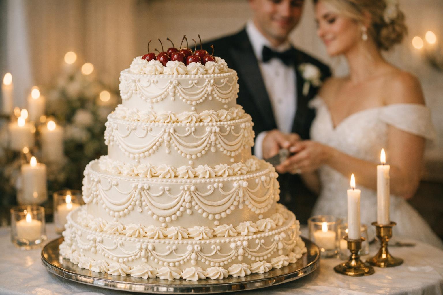 Candlelit lambeth wedding cake with ornate white buttercream piping and cherries on a tiered reception table