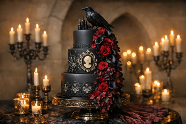 Gothic wedding cake with matte black tiers and gilded gold edge in candlelit luxe reception styling