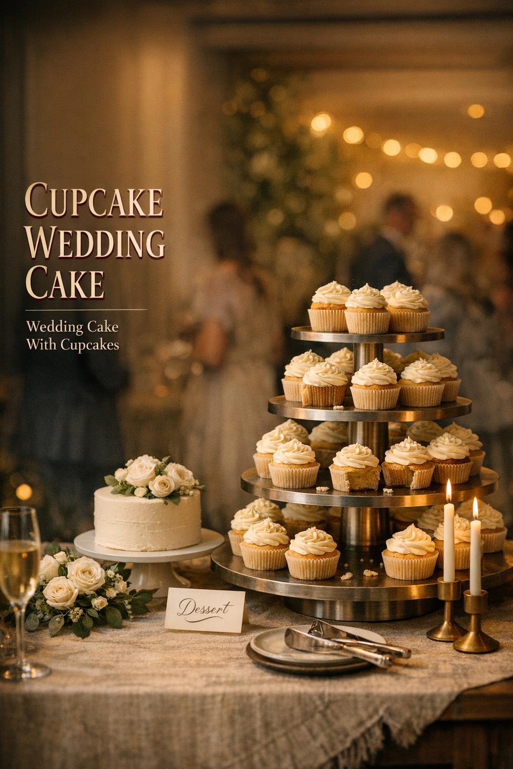 Cupcake wedding cake dessert table with tiered cupcake towers, small cutting cake, candles, and floral centerpiece at reception