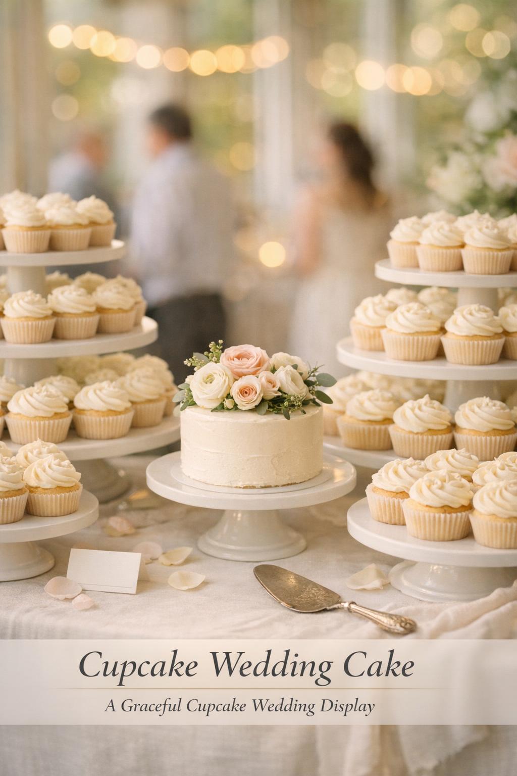Cupcake wedding cake dessert station with ivory frosted cupcakes on tiered stands and a small cutting cake in golden-hour light