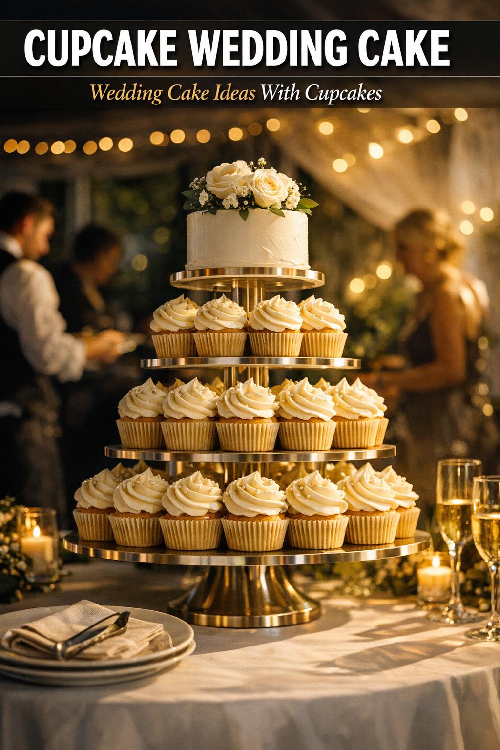 Elegant cupcake wedding cake display with tiered stand and frosted cupcakes at a reception table