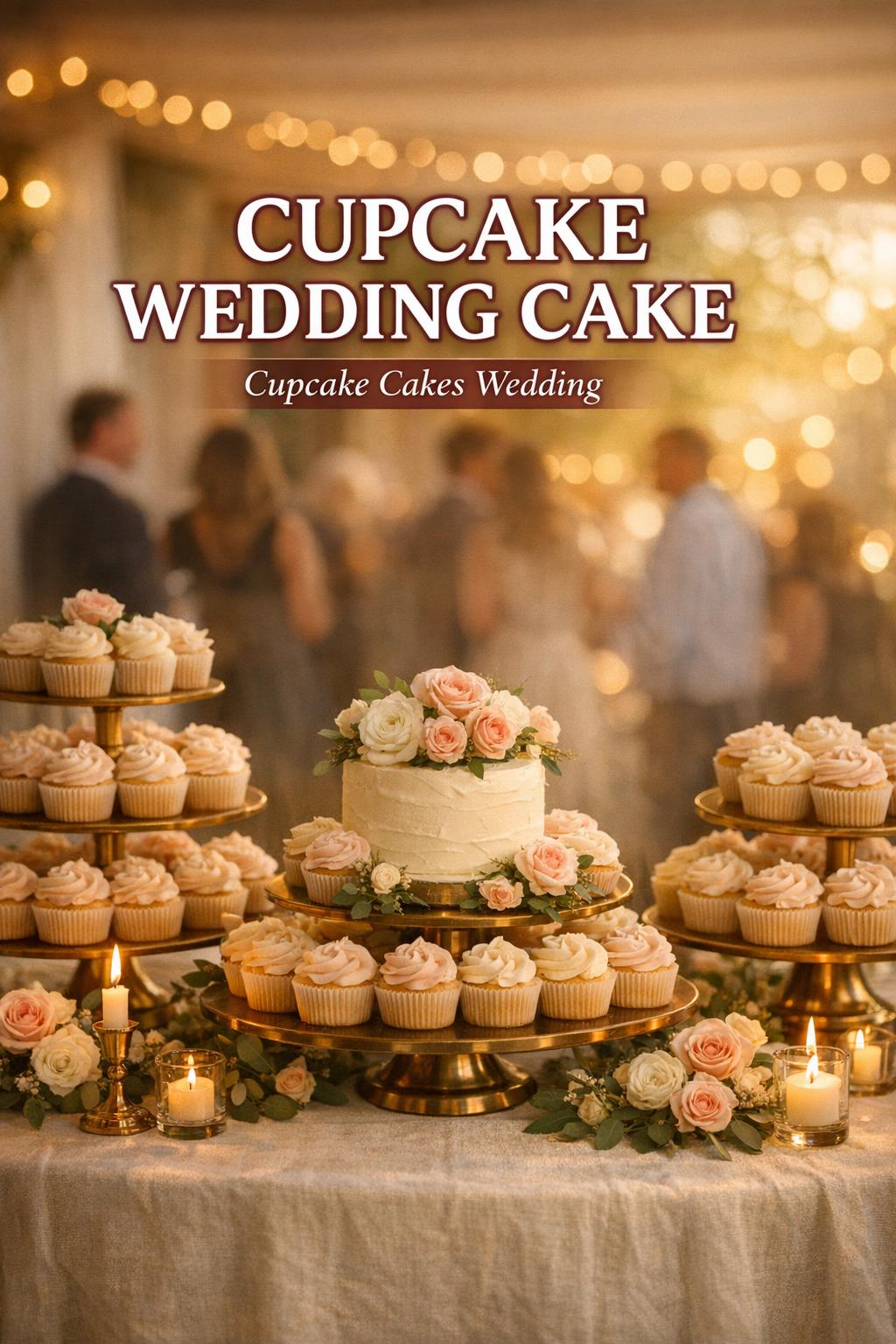 Cupcake wedding cake display on tiered stands with ivory blush frosting, greenery, and warm golden hour reception lighting