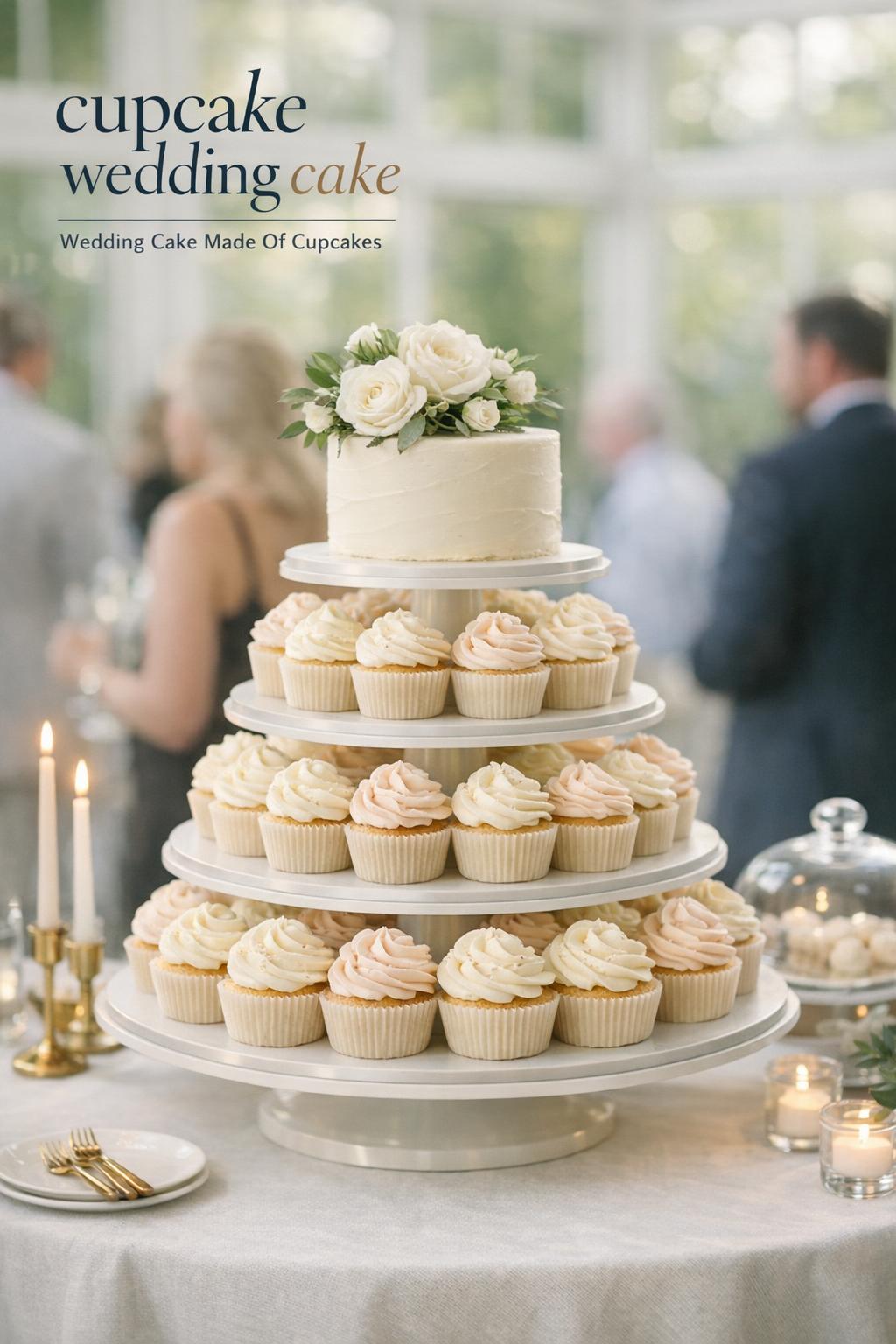 Cupcake wedding cake tower with ivory buttercream and roses on an elegant dessert table in a bright conservatory