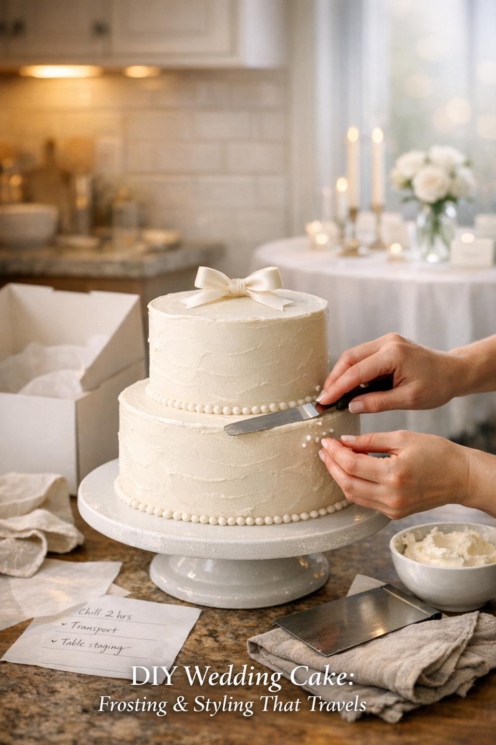 DIY wedding cake frosting and styling in a home kitchen, hands smoothing buttercream on a white two-tier cake