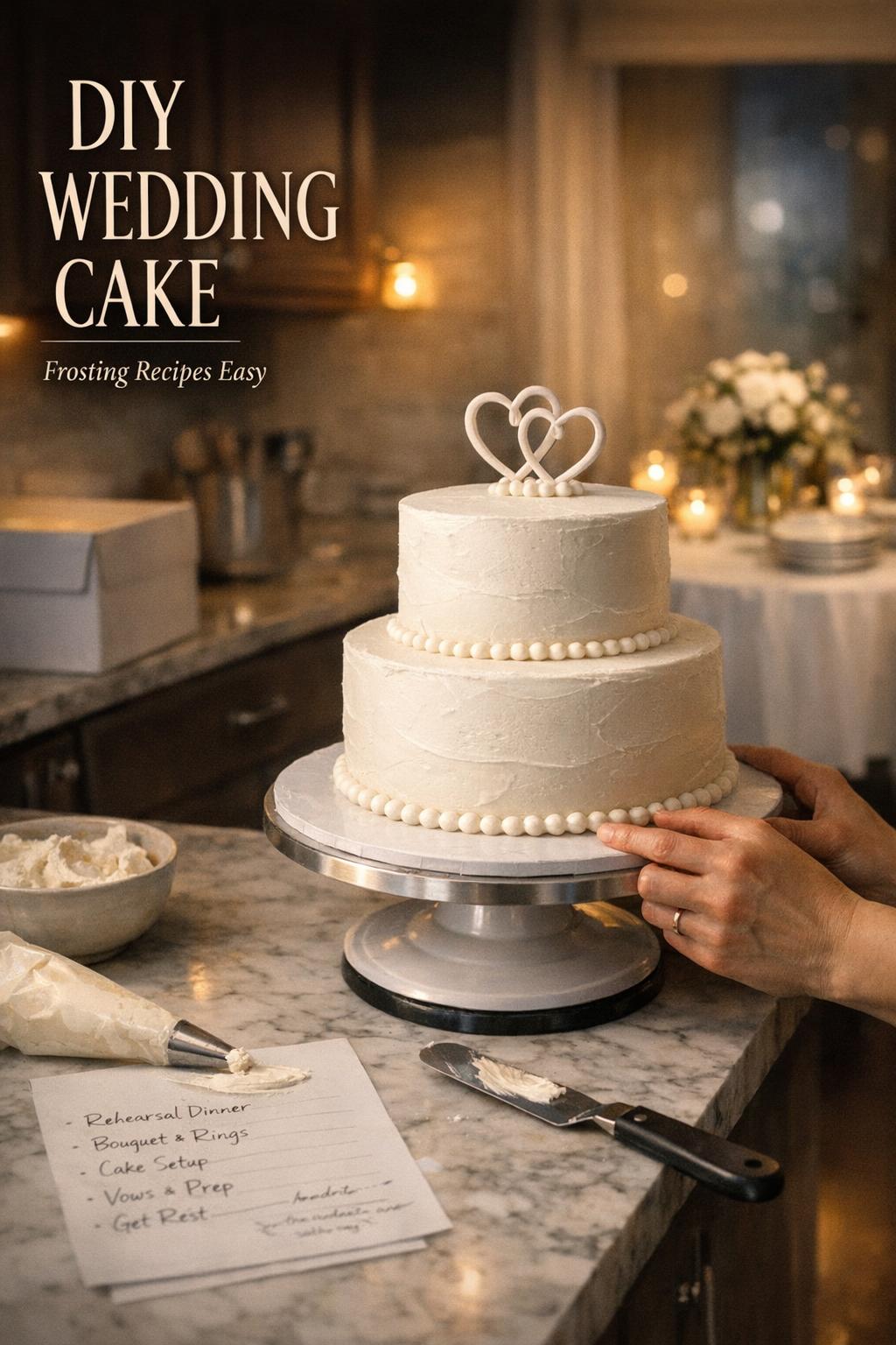 DIY wedding cake setup in a home kitchen, white tiered buttercream cake on marble counter with tools and checklist at night