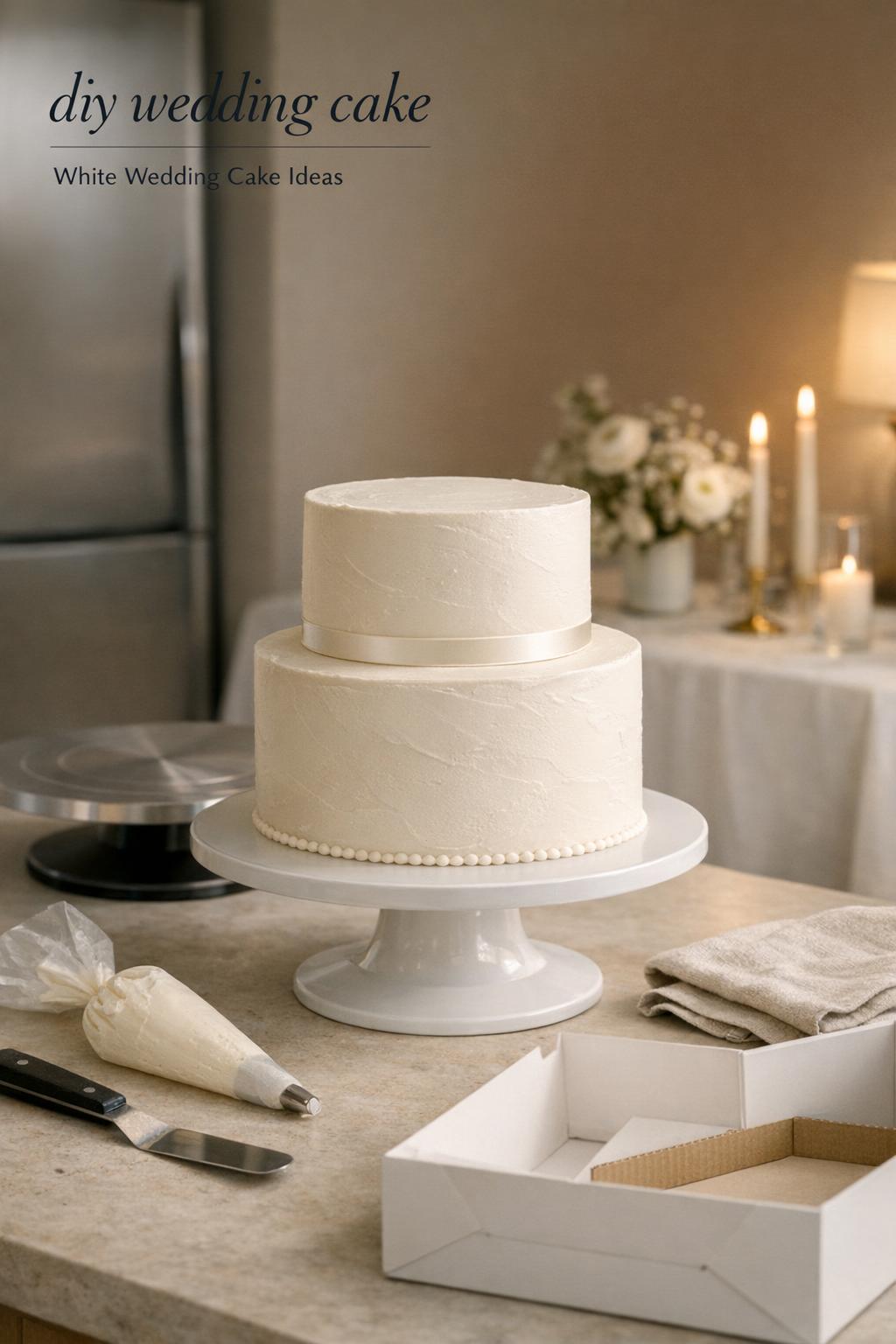 DIY wedding cake on a pedestal in a minimalist kitchen with frosting tools, calm night-before wedding prep scene