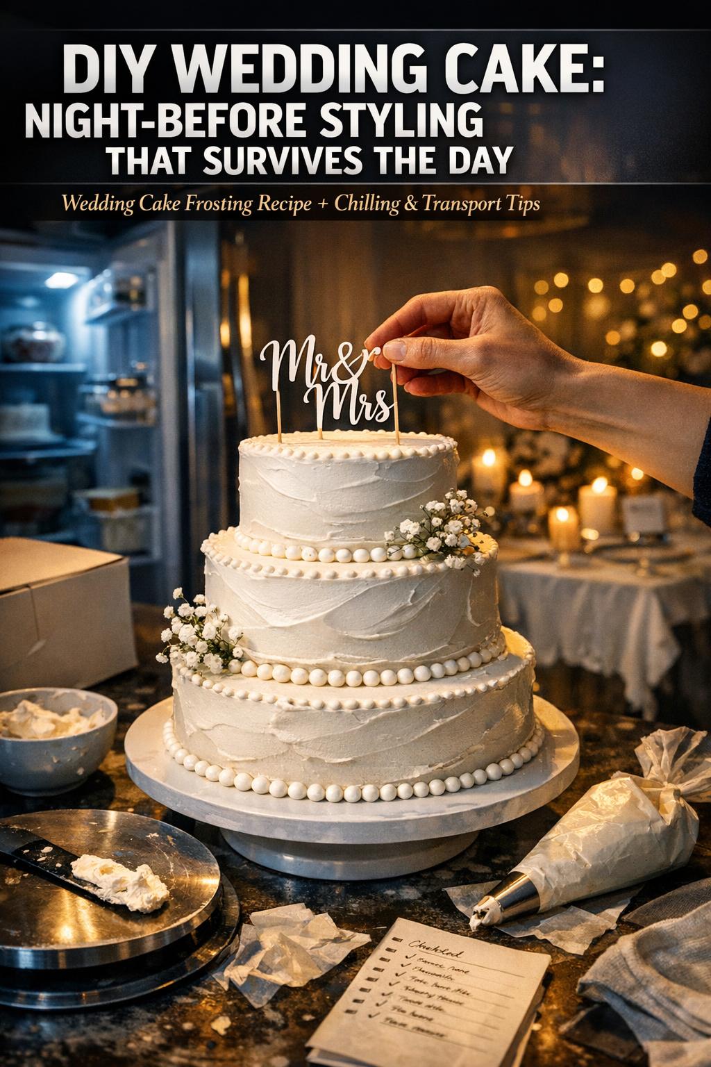 DIY wedding cake on a rustic table with fresh flowers and a cake stand