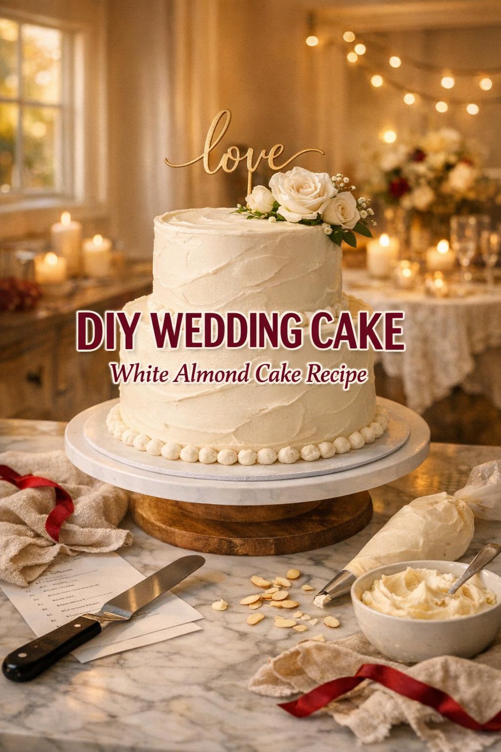 DIY wedding cake with white buttercream tiers on a kitchen counter, tools and warm golden-hour lights, recipe text overlay.