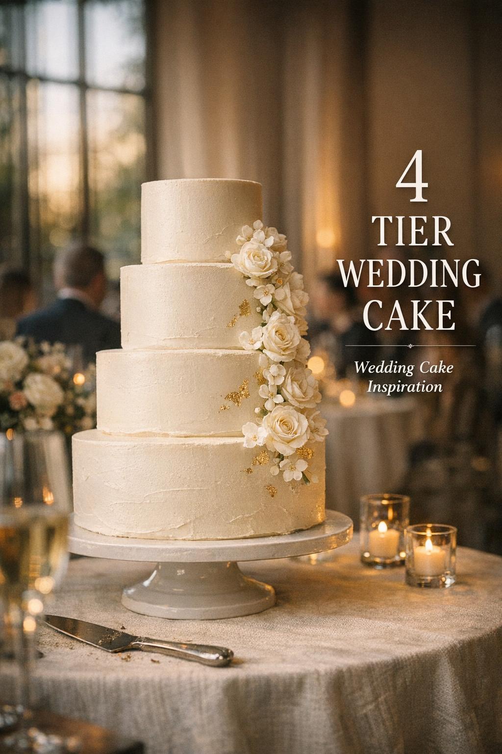 Elegant 4 Tier Wedding Cake Reception Moment Elegant 4 tier wedding cake on a refined reception table with soft window light and modern ballroom bokeh