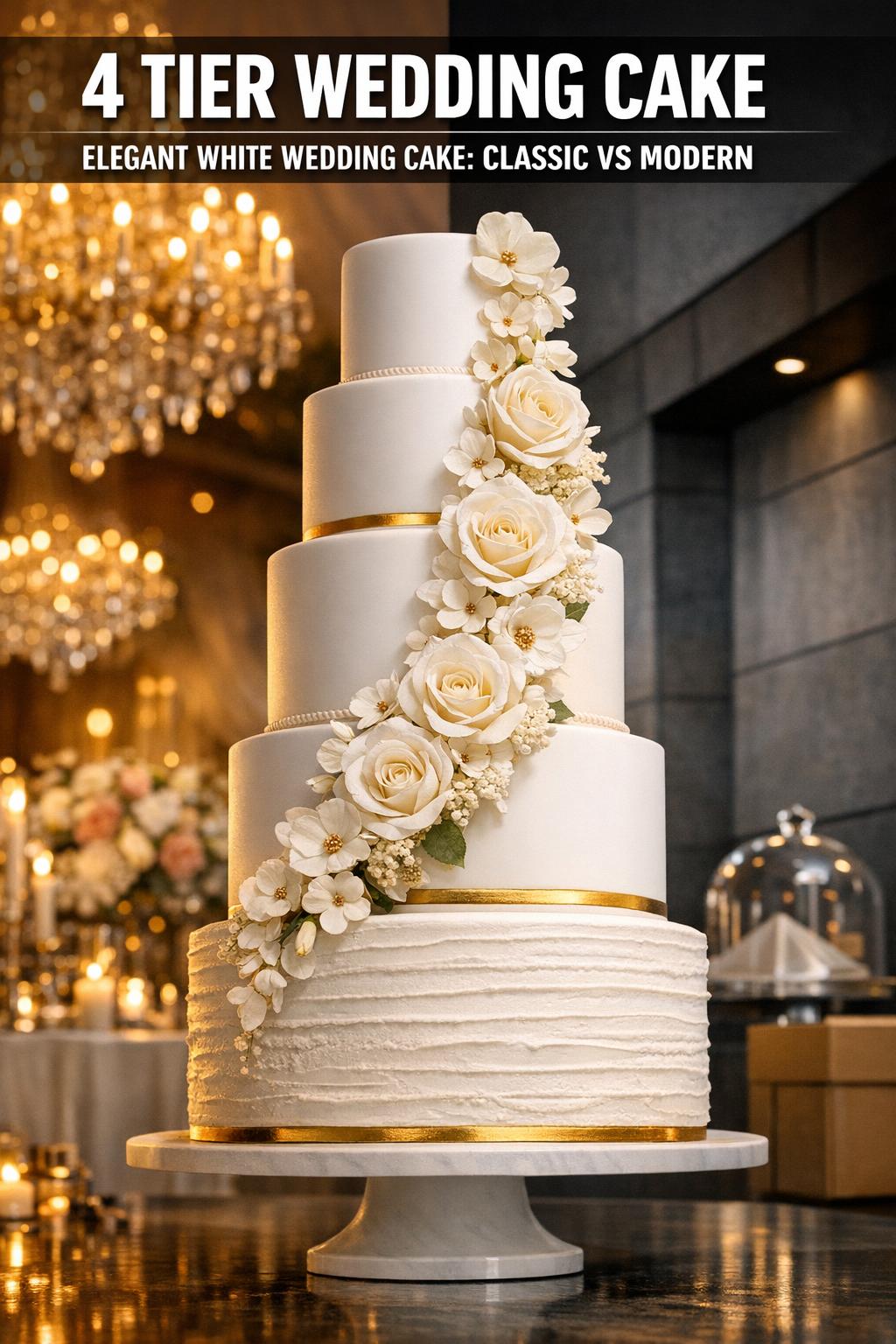 Elegant 4 Tier Wedding Cake at Reception Elegant 4 tier wedding cake with white buttercream and floral details on a reception table