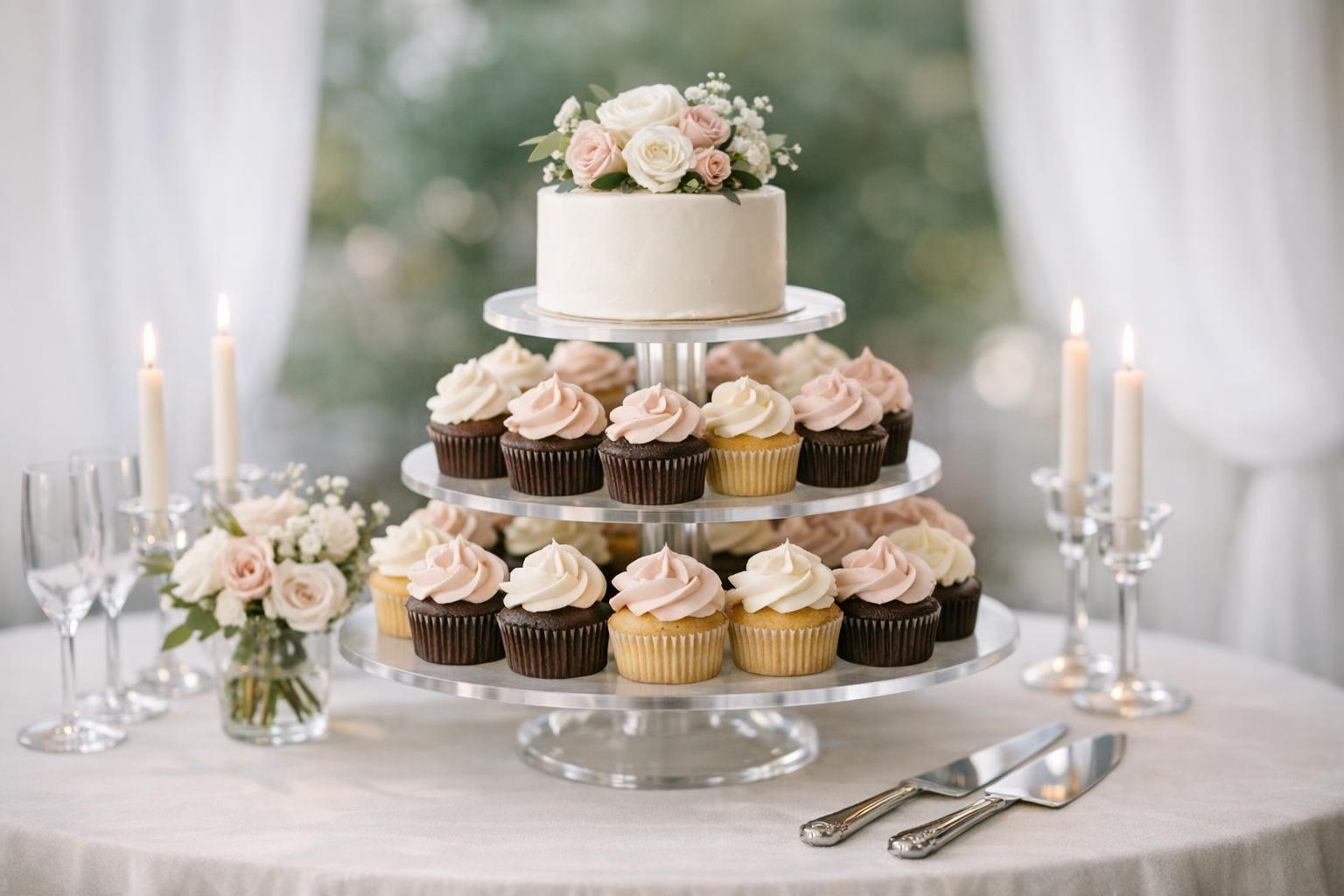 Elegant cupcake wedding cake tower with a small cutting cake centerpiece on a softly lit reception dessert table