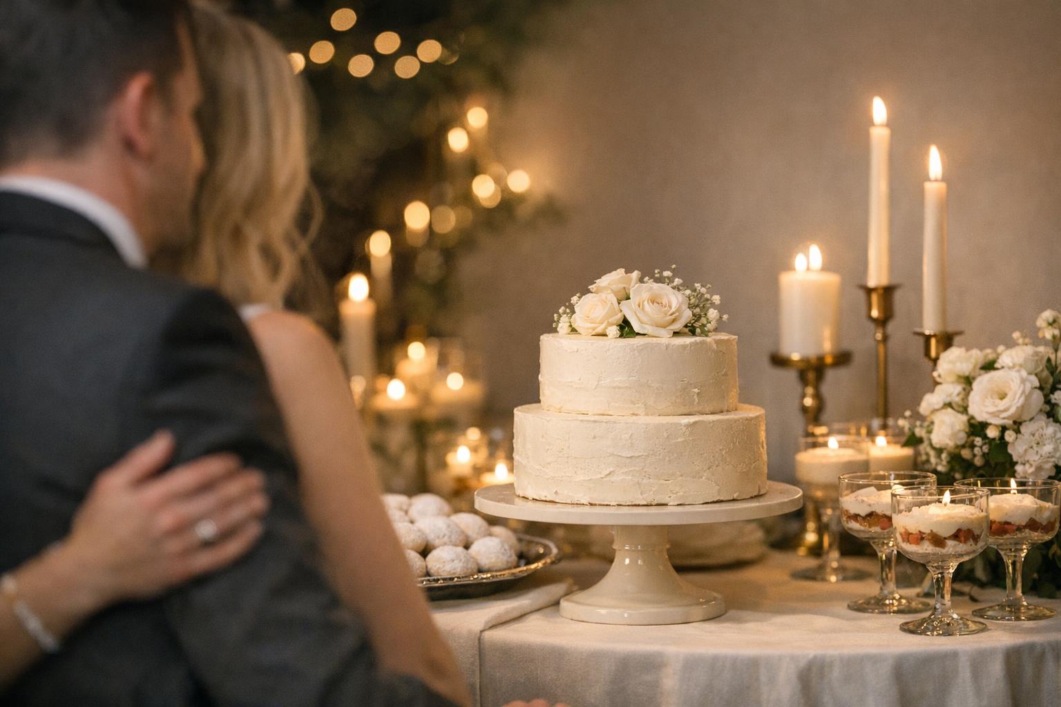 Elegant mexican wedding cake on a linen-draped table with soft candlelight and white florals at a reception