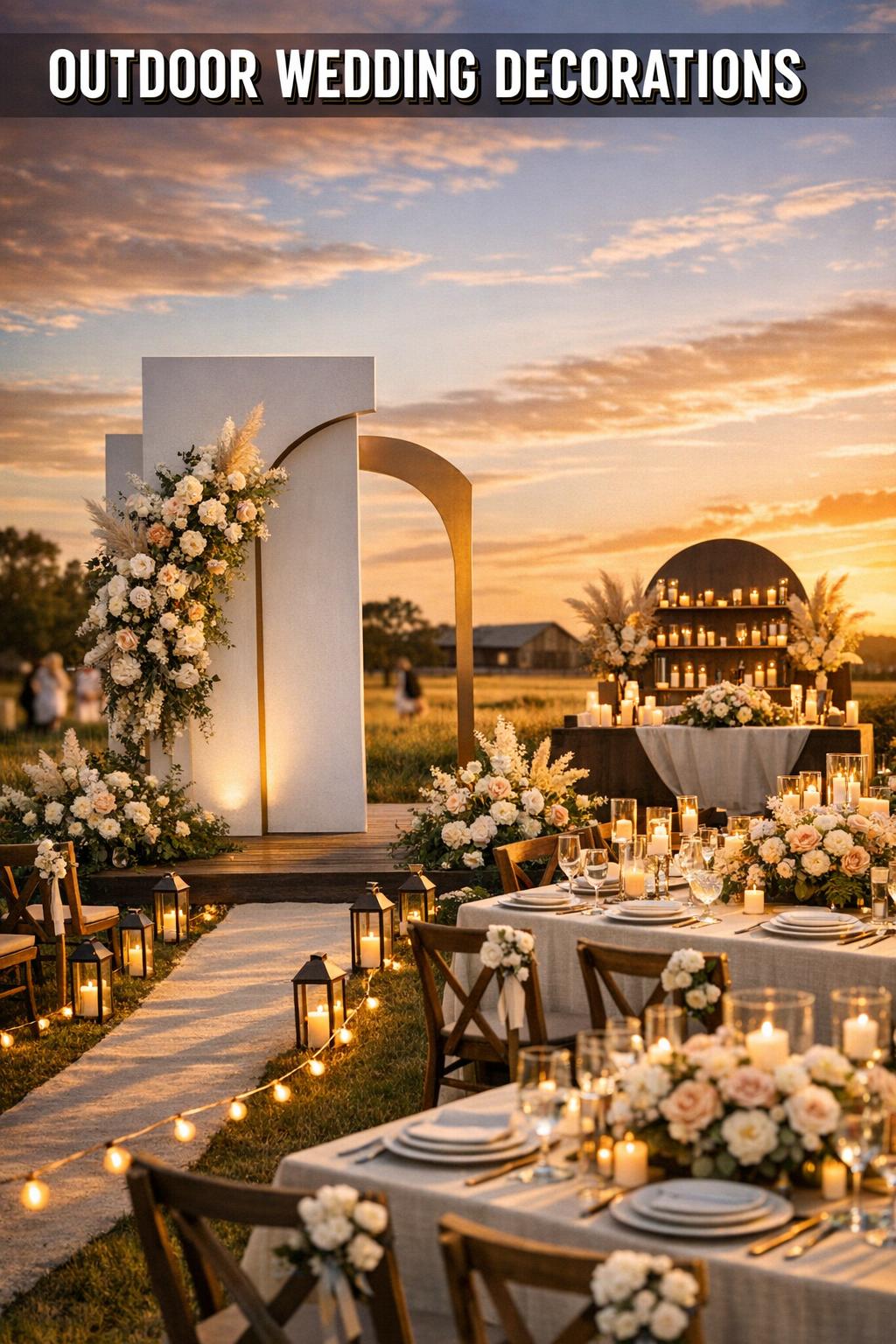 Outdoor wedding decorations with elegant floral arches, string lights, and rustic table settings in a garden venue