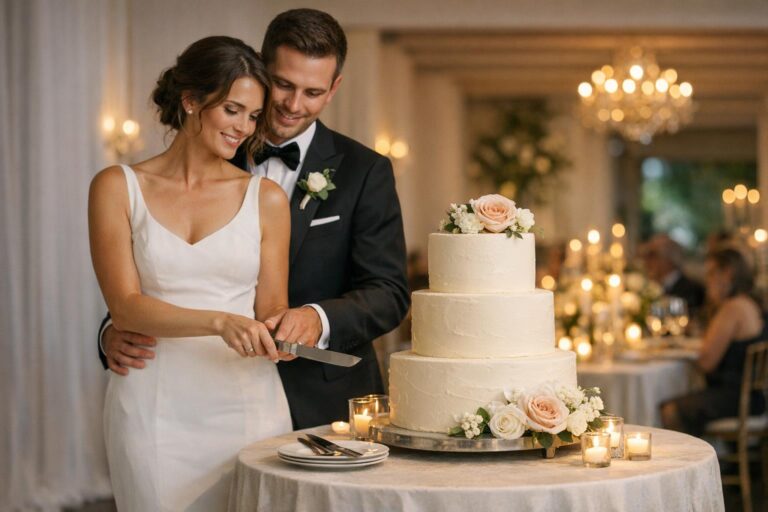 Elegant tiered wedding cake designs with smooth white buttercream and fresh floral accents on a styled reception table