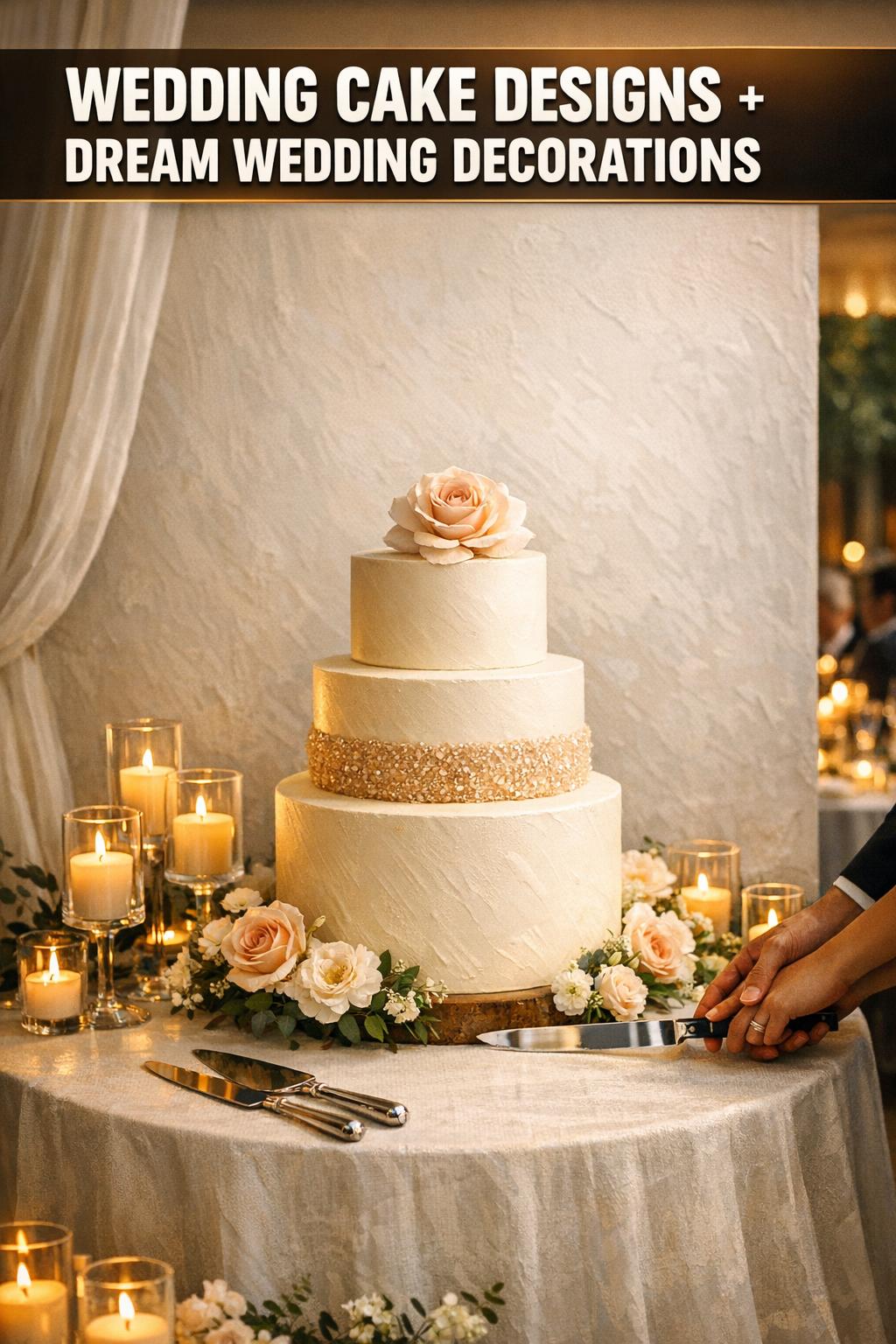 Elegant Tiered Wedding Cake Designs Elegant tiered wedding cake designs with white frosting, floral details, and soft reception lighting
