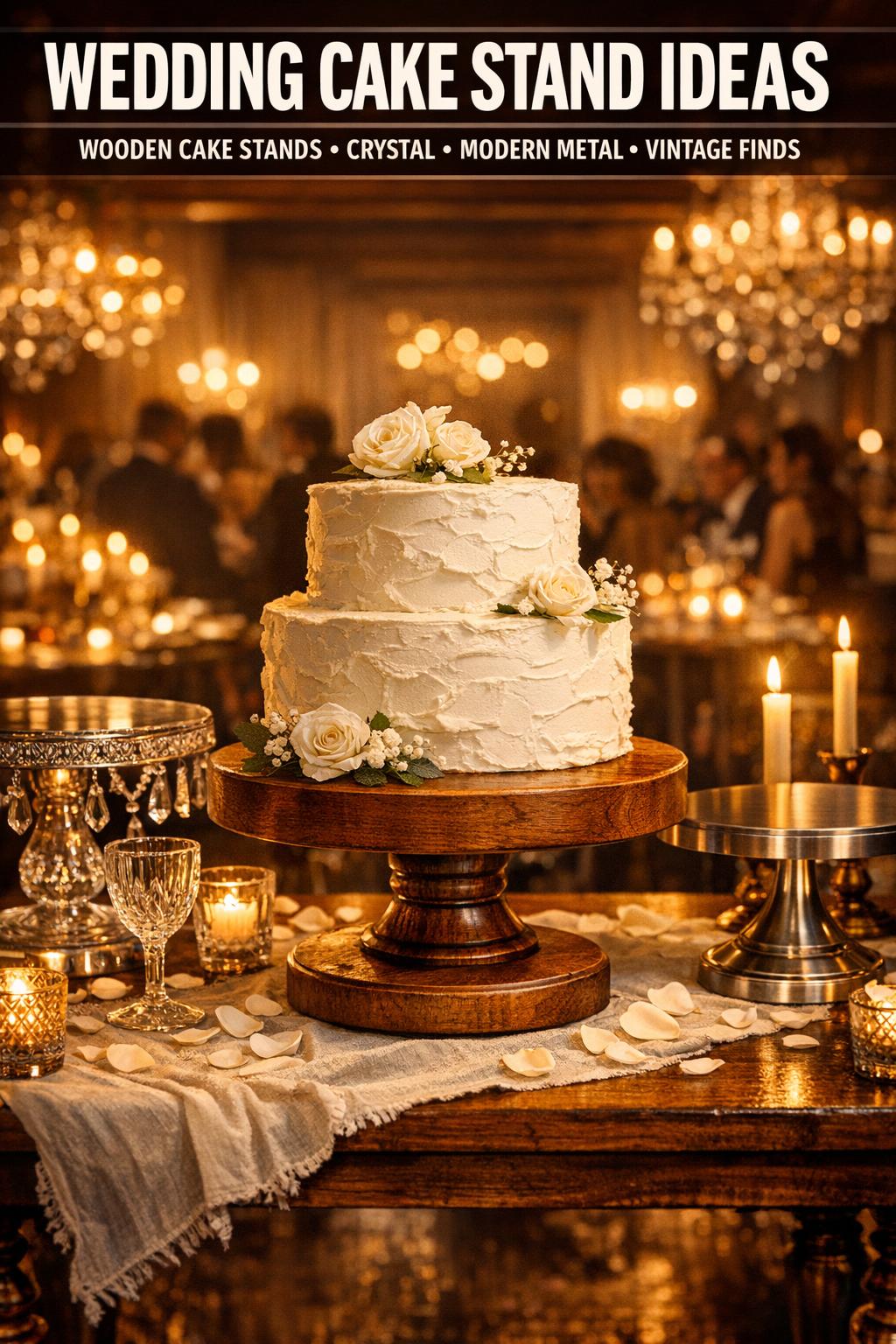 Elegant Wedding Cake Stand at Reception Elegant wedding cake stand with a tiered white cake and floral details at a reception table