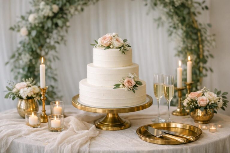 Elegant wedding cake table decorations with white cake, floral arrangement, candles, and a soft greenery backdrop