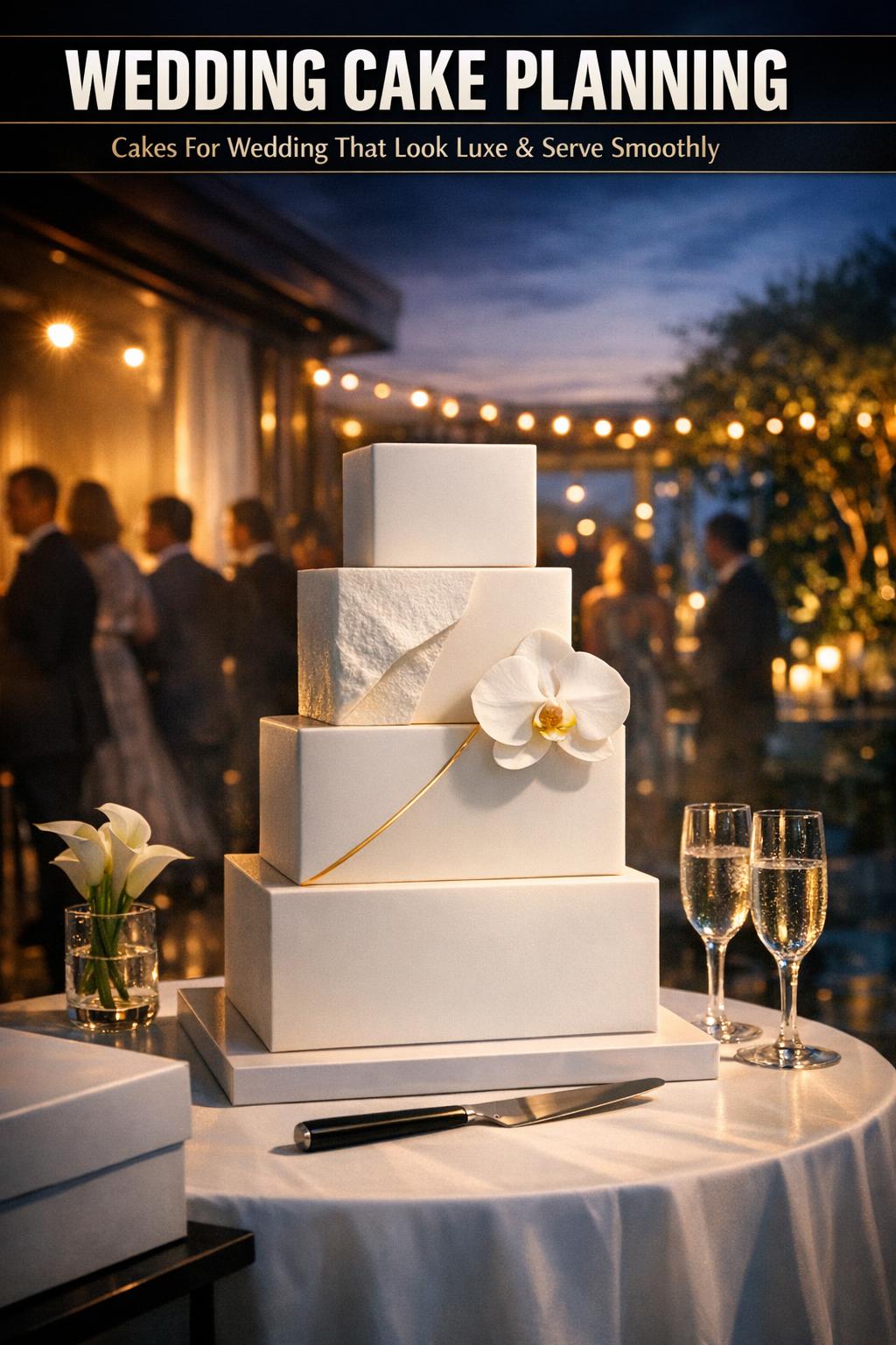 Elegant wedding cake with white frosting and floral details on a reception table
