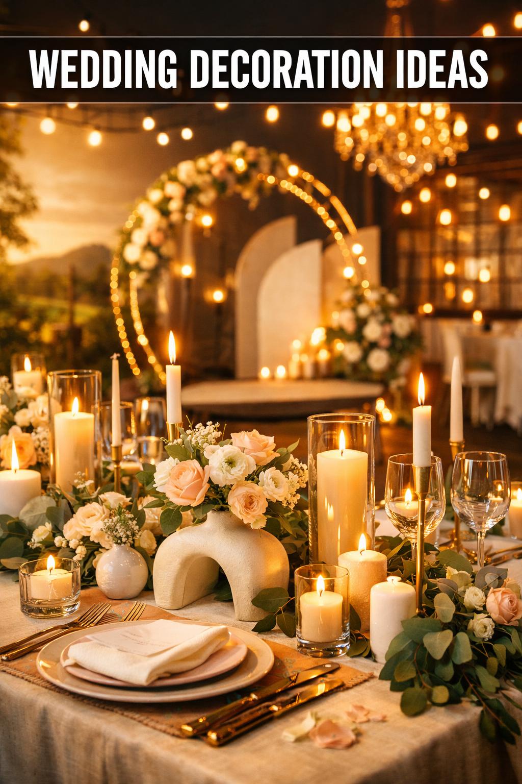 Elegant wedding reception table setup with floral centerpieces and candles, wedding decoration ideas