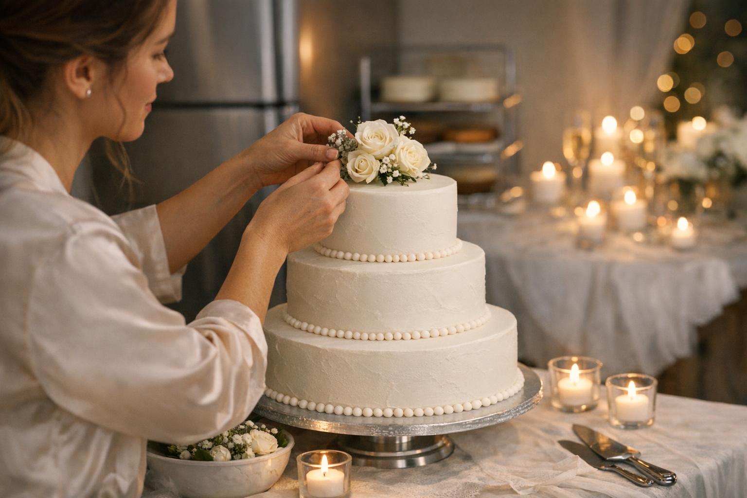Elegant white diy wedding cake with smooth frosting and simple floral accents on a styled cake table