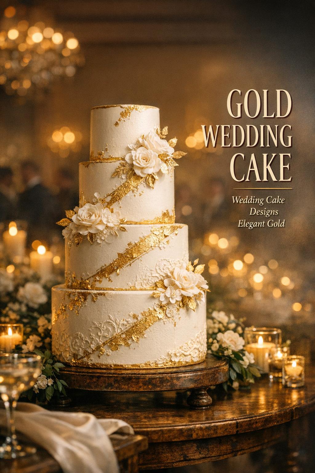 Gold Wedding Cake in Candlelit Reception Gold wedding cake centerpiece on dark walnut table in candlelit ballroom with elegant vertical text overlay