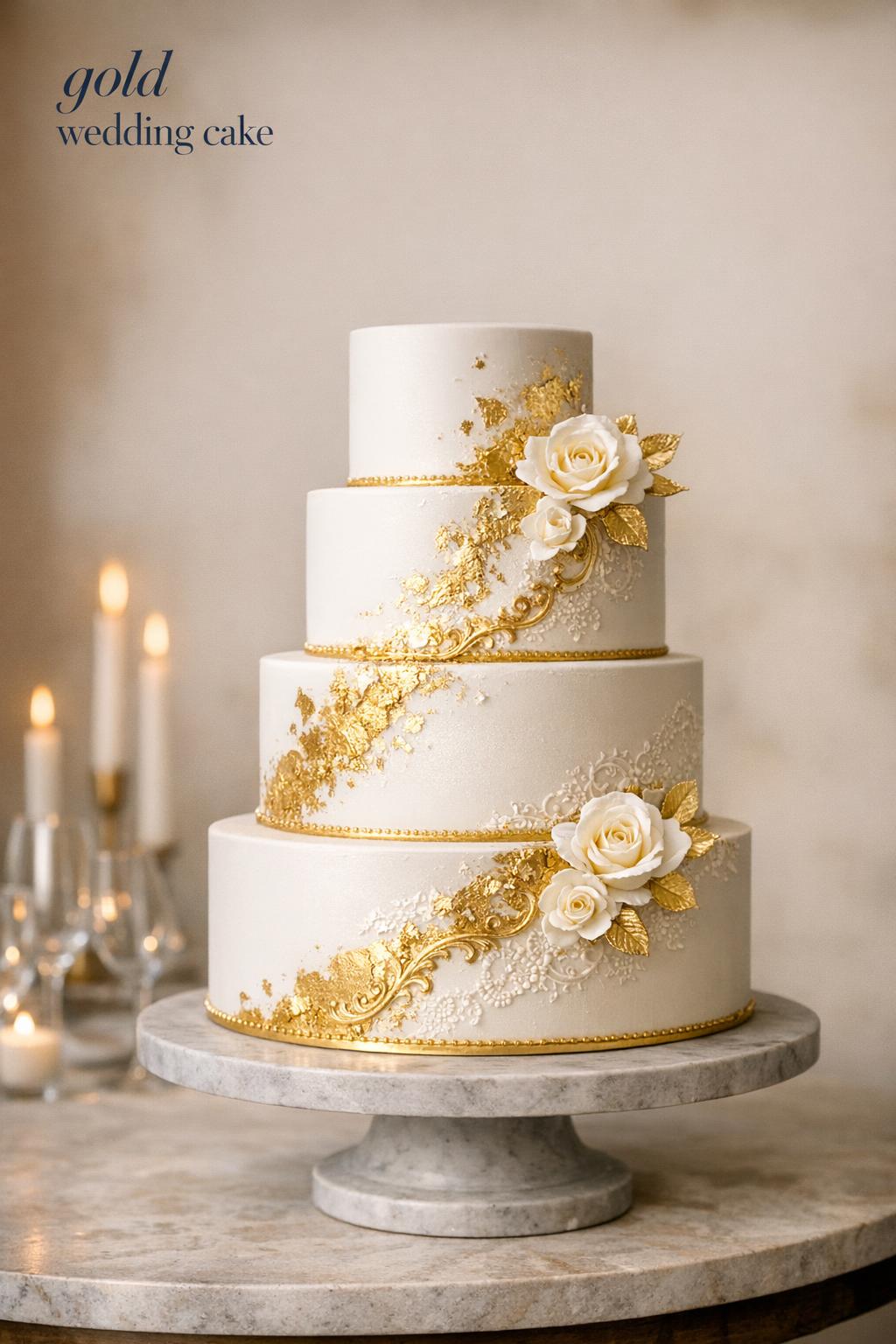 Gold Wedding Cake with Edible Gold Leaf Gold wedding cake on marble pedestal with edible gold leaf accents in an elegant reception setting