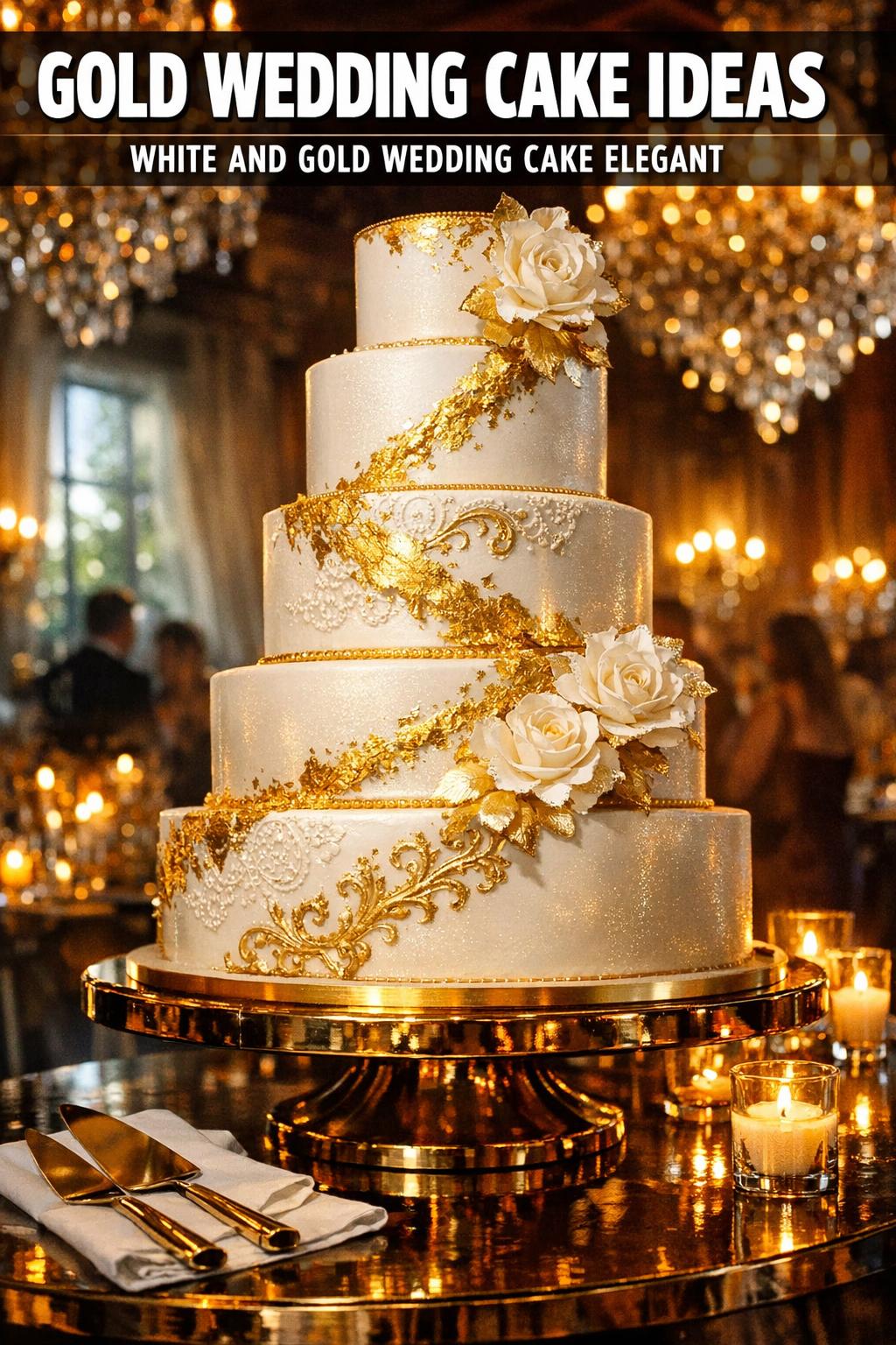 Gold Wedding Cake at Elegant Reception Gold wedding cake with elegant tiers and floral details at a luxury reception