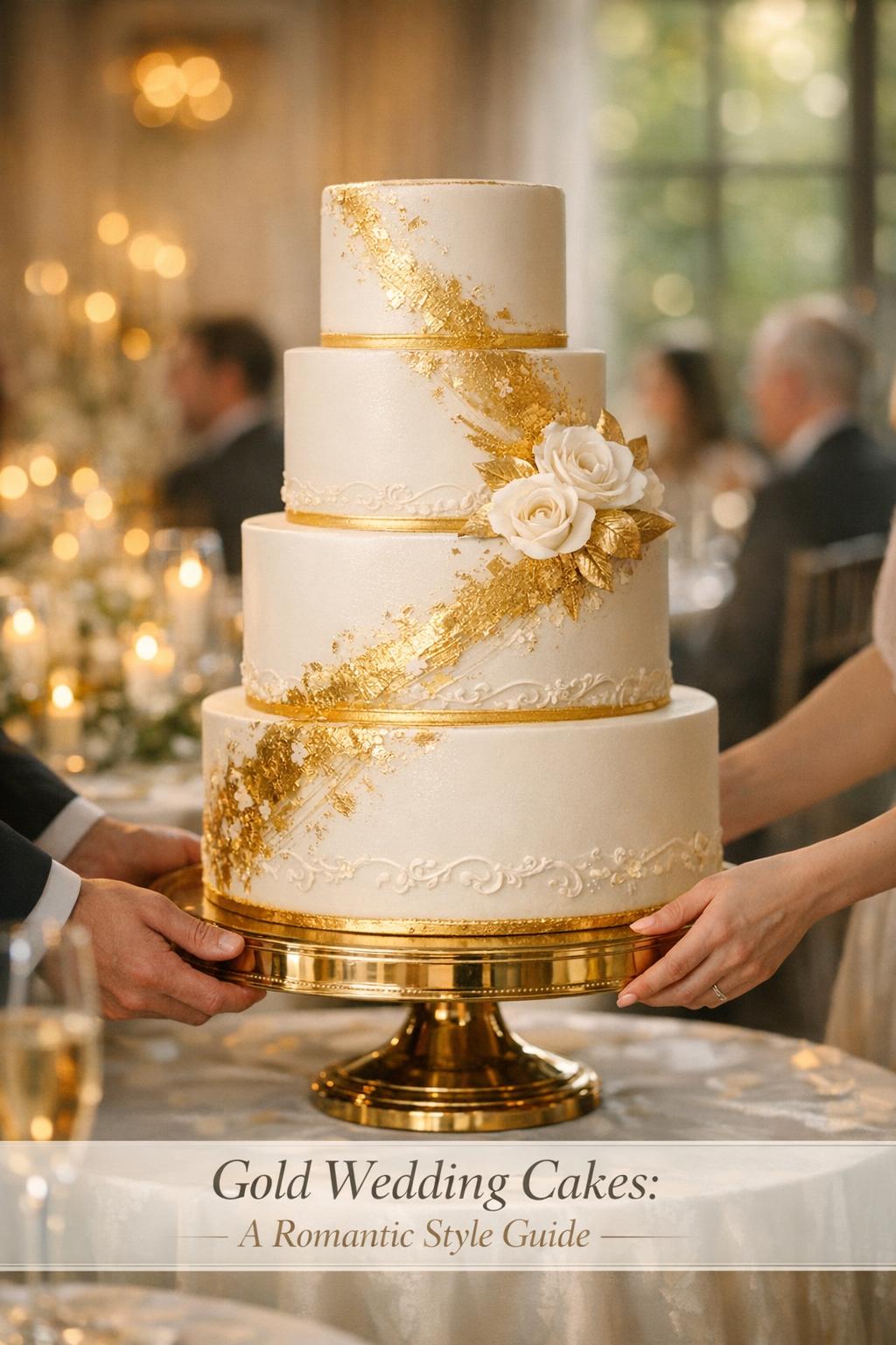 Gold Wedding Cake Reception Entrance Moment Gold wedding cake carried into a candlelit reception, four-tier white cake with edible gold leaf and soft bokeh